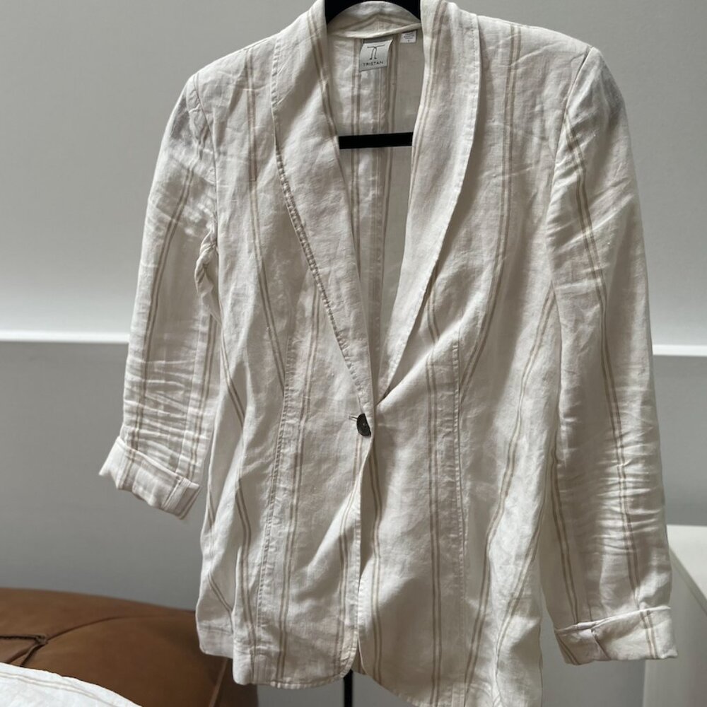 TRISTAN – Fitted Linen Blazer, part of matching set – White&Beige Strip– Size 1